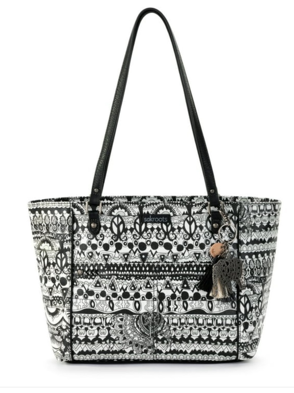 Sakroots Artist Circle Metro Tote Cotton Coated Canvas black white world peace